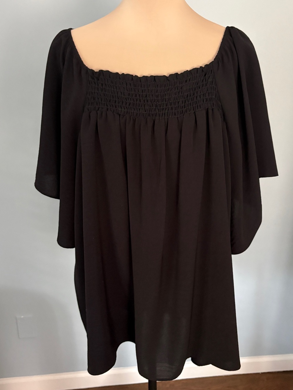 Black Smocked Square-Neck Blouse - Women